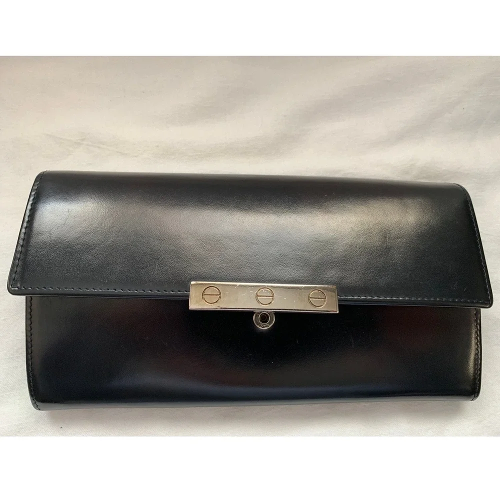 Cartier Love Collection Black Box‎ Calfskin Leather Long Wallet Silver #629